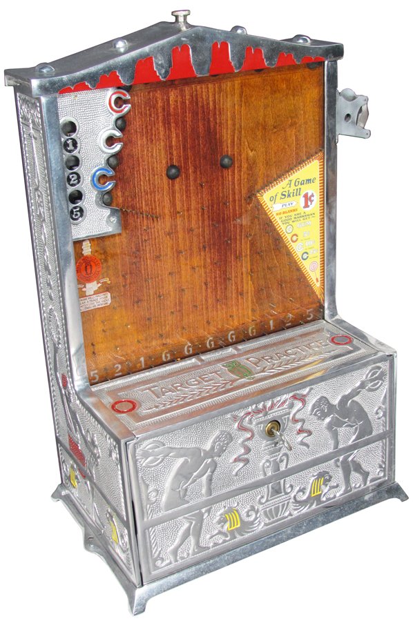Target Practice Coin Operated Game of Skill: Target Practice Coin Operated One Cent Game of Skill. Mills Novelty Co. Chicago. Excellent restored condition, comes with key. 12 X 18 X 8 inches.