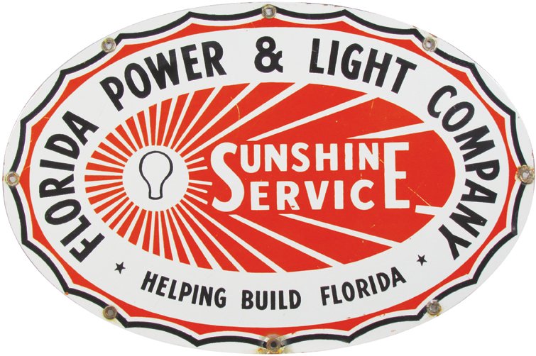 Florida Power and Light Porcelain Sign: Florida Power and Light Porcelain Sign. Edge wear mostly at grommets otherwise very good condition. 16 1/2 X 11 inches.