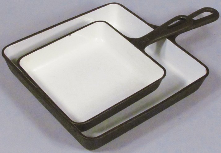 Set of 2 Griswold Cast Iron Square Fry Skillets: Set of 2 Griswold Cast Iron Square Fry Skillets. #3 and #6. Each with white enamel cooking surface.