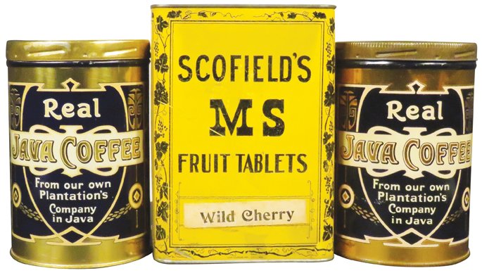 Three Country Store Tins: Three Country Store Tins including Scofield's MS Fruit Tablets, Can Closure Co. 1889. The Manhattan Rubber Mfg. Co. 1937/38 Season's Greetings Coffee 1# Tins, each near mint.