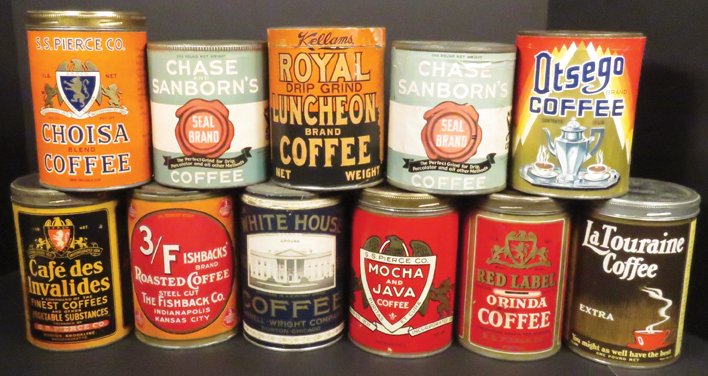 Eleven One Pound Coffee Tins: Eleven One Pound Coffee Tins with original paper labels. Kellams Royal Luncheon, Shase and Sanborn, 3/F Brand, Otsego, Choisa, Caf? des Invalides, Red Label, La Touraine (full), White House and S.S. P
