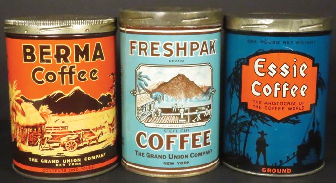 Three One Pound Coffee Tins: Three One Pound Coffee Tins. Freshpak Brand, The Grand Union Co. New York-Continental Can Co. Berma Coffee, The Grand Union Co. New York- Continental Can Co. Essie Coffee, James Butler Grocery Co. New