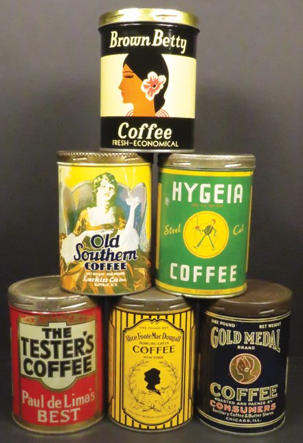 Six One Pound Coffee Tins: Six One Pound Coffee Tins. Alice Fotte MacDougal Bowling Green Coffee, New York-Passaic Metal Ware. Hygeia Brand, Merchants Coffee Co. The Tester's Coffee, Paul de Lima Co.-Passaic Metal Ware. Old Sou