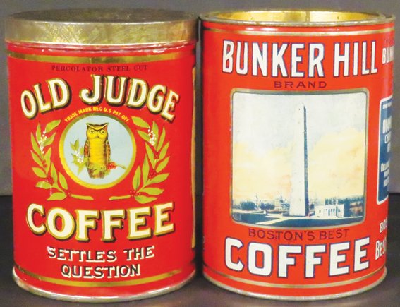 Two One Pound Coffee Tins: Two One Pound Coffee Tins. Old Judge with embossed lid. David G. Evans Coffee Co. St. Louis, MO. Bunker Hill Brand. Delano, Potter & Co. Boston, Mass. Excellent color and graphics.