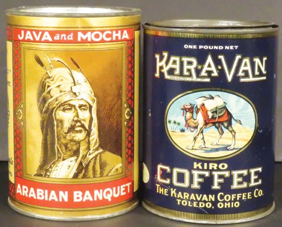 Two One Pound Coffee Tins: Two One Pound Coffee Tins. Kar-A-Van Brand. The Karavan Coffee Co. Toledo, Ohio. Arabian Banquet Java and Mocha. The Blodget-Beckley Co. The Elwood Myers Co. Excellent color and graphics.