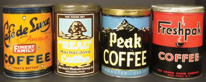 Four One Pound Coffee Tins: Four One Pound Coffee Tins. "Real" Mocha Java, Merchants Wholesale Grocery Co. Philadelphia. Freshpak Brand, The Grand Union Co. New York-Continental Can Co. Peak Brand, Independent Grocers' Alliance 