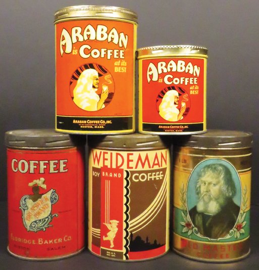 Collection of Five Coffee Tins: Collection of Five Coffee Tins. 1 & 1/2 pound Arabian Coffee Tins, Boston, Mass. Old Master 1#, The Blodgett-Beckley Co. Toledo and Kansas City. Weideman Boy Brand 1#, The Weideman Company, Cleveland.