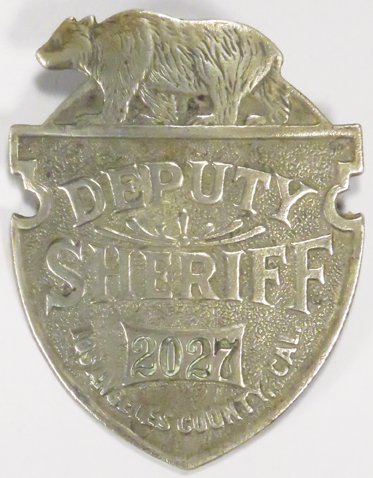 Antique California Deputy Sheriff Badge: Antique California Deputy Sheriff Pewter Badge. Los Angeles County 2027. 1 5/8 X 2 1/8 inches.