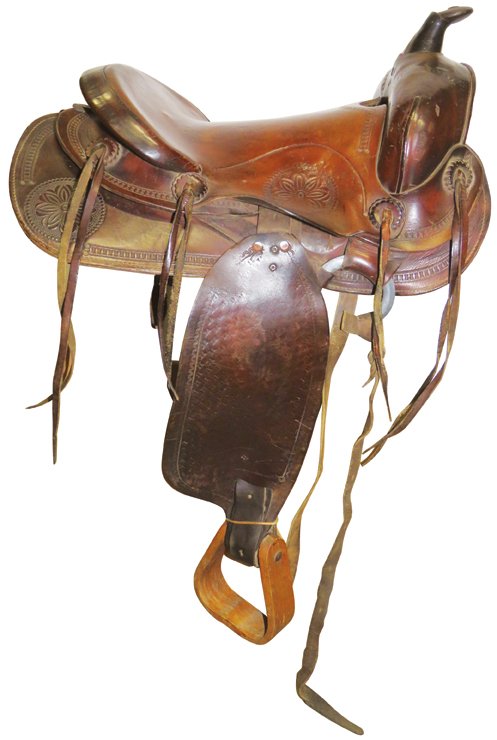 Western Hand Tooled Leather Saddle: Western Hand Tooled Leather Saddle. Marked PDR 44. Pennsylvania Department of Recreation. Good condition.