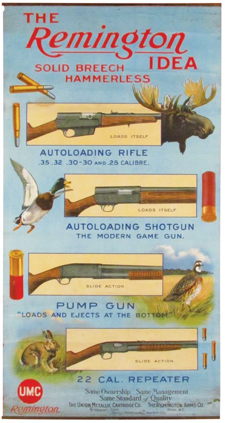 1909 The Remington Idea Paper Poster: 1909 The Remington Idea Paper Poster. Depicting different types of guns for desired animal. Original bands top and bottom. Stains and roll creases otherwise good condition. Framed under glass. 13 X 24