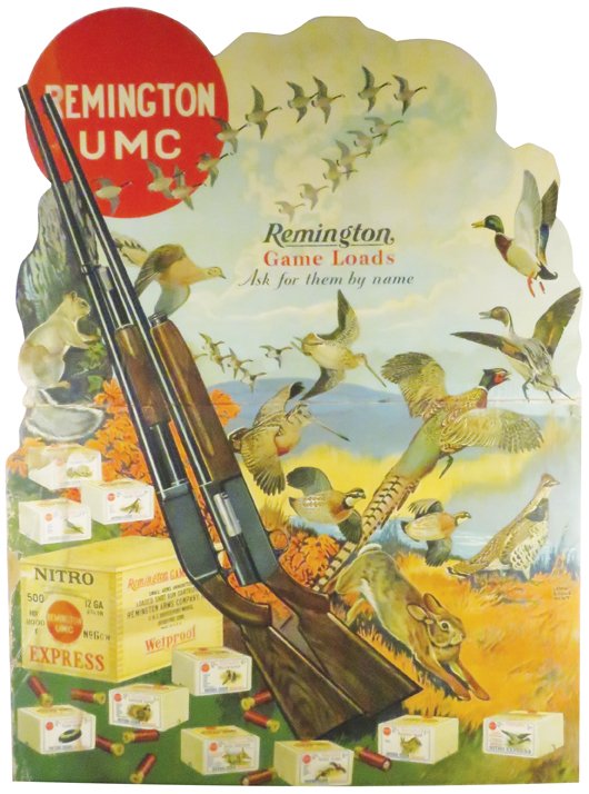 1926 Remington Game Loads Cardboard Display: 1926 Remington Game Loads Die Cut Cardboard Display. Depicting wild game and Nitro Express crate, Lynn Bogue Hunt artist. Center fold crease and damage to left perimeter. 28 3/4 X 38 3/4 inches.