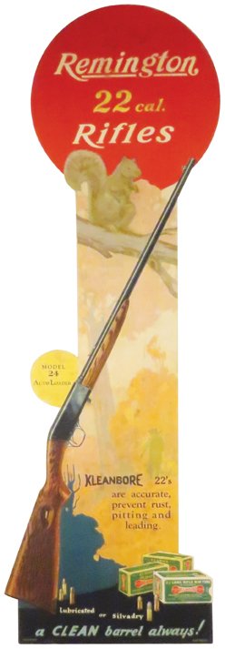 1932 Remington .22 cal Rifles Cardboard Sign: 1932 Remington .22 cal Rifles Cardboard Sign. Depicting Model 24 Auto Loader. Minor discoloration otherwise very good condition. 10 X 30 inches.