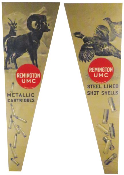 1914 Remington UMC Paper Window Banners: 1914 Remington UMC Paper Window Banners. Rams-Metallic Cartridges and Pheasants-Steel Lined Shot Shells. Minor roll creases otherwise excellent condition. 12 3/4 X 39 1/2 inches each.