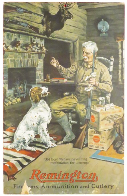 1927 Remington Cardboard Easel Back Poster: 1927 Remington Cardboard Easel Back Poster. Entitled, "Old Boy! We have the winning combination for tomorrow", artist Hy S. Watson. Nail holes bottom corners and paper loss at bottom edge. Framed unde