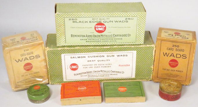 Remington Ammunition Co. Wads-Primers-Caps: Remington Ammunition Co. Wads-Primers-Caps. No. 28 Black Edge Wads 250 ct. No. 12 Salmon Wads 125 ct. (2) No. 12 Cardboard Wads 250 ct. Central Fire Percussion Caps Tin. UMC No. 2 Primers Partial Tin.