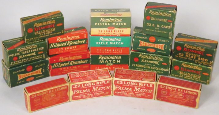 Remington Arms Co. Misc. Ammunition Boxes: Remington Arms Co. Misc. Ammunition Boxes. Full boxes including Remington Pistol Match, Police Targetmaster, Rifle Match, Palma Match, .22 short (partial box), .22 long and 22 BB Caps.