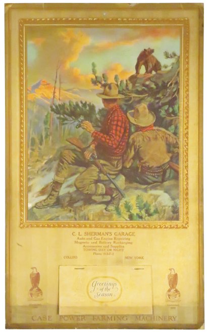 1928 Calendar for Case Power Farming Machinery: 1928 Calendar for Case Power Farming Machinery. Phillip R. Goodwin image depicting hunters watching bear. Full pad with dust jacket. Perimeter wear otherwise good condition. 10 1/4 X 16 3/4 inches.