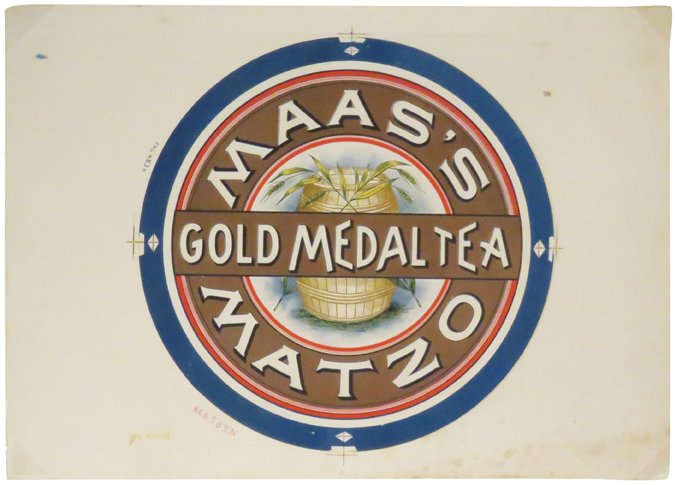Maas's Matzo Gold Medal Tea Printer's Proof: Maas's Matzo Gold Medal Tea Printer's Proof. George Schlegel Lithography Co. Staining on back ground. 12 1/4 X 8 3/4 inches.