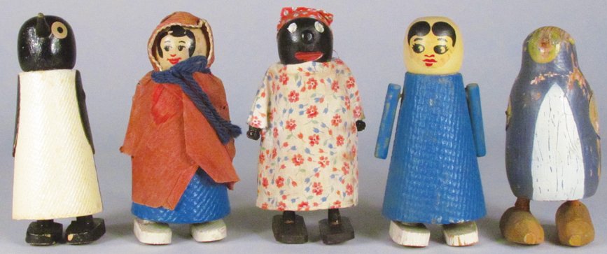 Collection of Antique Wilson Plank Walkers: Collection Five of Antique Wilson Plank Walkers. Mammie, Red Riding Hood, Girl with blue dress, Penguin and Blue Bird. Very good to excellent condition. 4 1/2 inches tall.