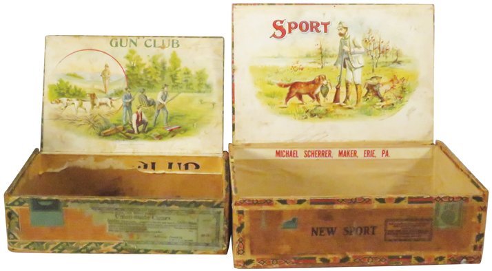 Two Hunting Motif Cigar Boxes: Two Hunting Motif Cigar Boxes. New Sport, Michael Scherrer Maker-Erie, PA. Gun Club. Overall good condition.