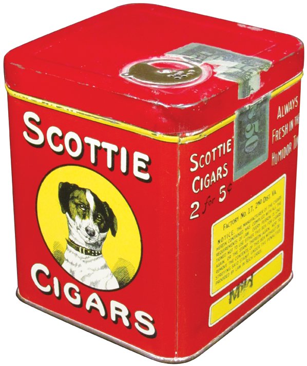 Scottie Cigars Tin: Scottie Cigars Tin. Excellent condition. 5 1/4 inches tall X 4 1/4 inch diameter.