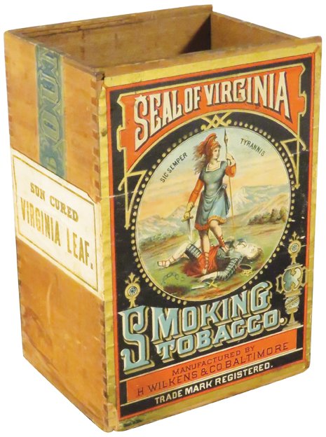 Seal of Virginia Smoking Small Tobacco Crate: Seal of Virginia Smoking Small Tobacco Crate. Original paper label, tax and factory stamps. No lid otherwise very good condition. 4 7/8 X 7 1/4 X 3 7/8 inches.