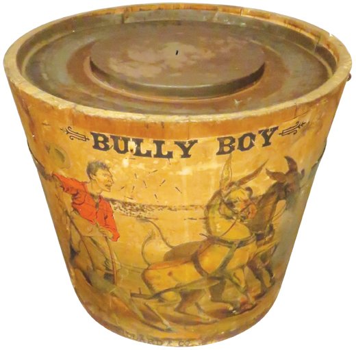 P. Lorillard Co's Bully Boy Tobacco Wood Pail: P. Lorillard Co's Bully Boy Tobacco Wood Pail. Grand Rapids, Mich. Excellent graphics. Original paper label, metal lid and tax stamp. Paper loss otherwise fair condition. 11 inches tall X 12 1/2 inch 