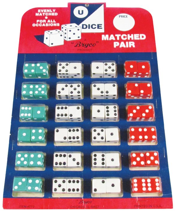 Bryco Brand Dice on Original Display Card: Bryco Brand Dice on Original Display Card. 24 pairs, 12 white, 6 green, 6 red. NOS.