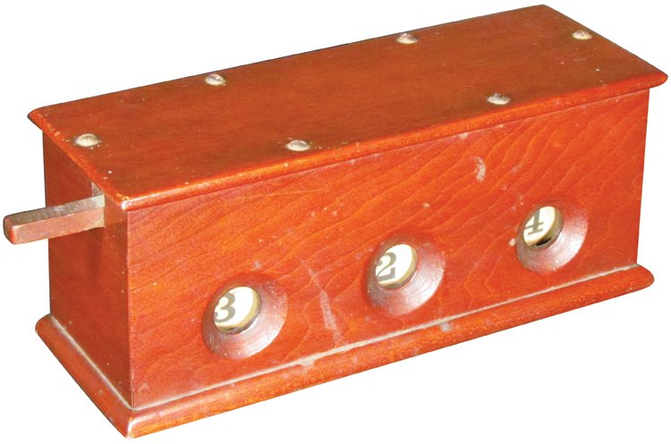 1890 DeGrain's Dice and Game Apparatus: 1890 DeGrain's Dice and Game Apparatus. Mfg. by Patented Novelties, Syracuse, NY. Partial original label on base.