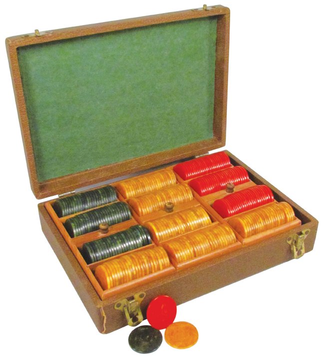 Full Set of Early Bakelite Gambling Chips: Full Set of Early Bakelite Gambling Chips. Red, Amber and Green. Removable interior boxes. Very good condition. Case measures 12 X 3 X 8 inches.