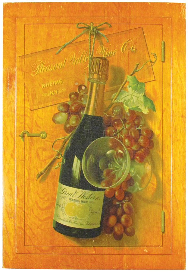 Pleasant Valley Wine Co. Wood Sign: Pleasant Valley Wine Co. Lithograph on Wood Sign. Image of bottles. Very good condition. 13 3/4 X 20 inches.
