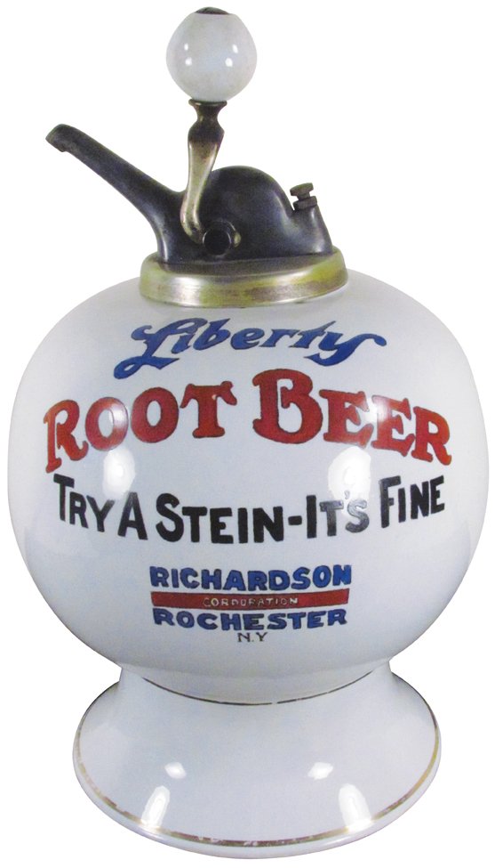 Liberty Root Beer Syrup Dispenser: Liberty Root Beer Syrup Dispenser. Double sided graphics, "Try a Stein-It's Fine". Original white ceramic ball pump. No chips or cracks, excellent condition.