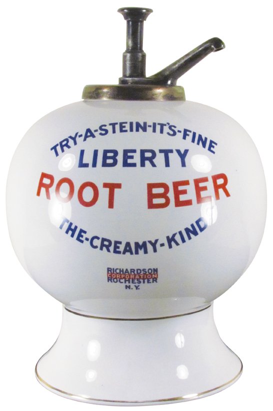 Liberty Root Beer Syrup Dispenser: Liberty Root Beer Syrup Dispenser. Double sided graphics, "Try a Stein-It's Fine/ Creamy Kind". Original "Maid of Honor" pump. No chips or cracks, excellent condition.