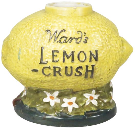 Ward's Lemon-Crush Syrup Dispenser: Ward's Lemon-Crush Syrup Dispenser. Repaired crack from top lip to bottom edge, no pump.