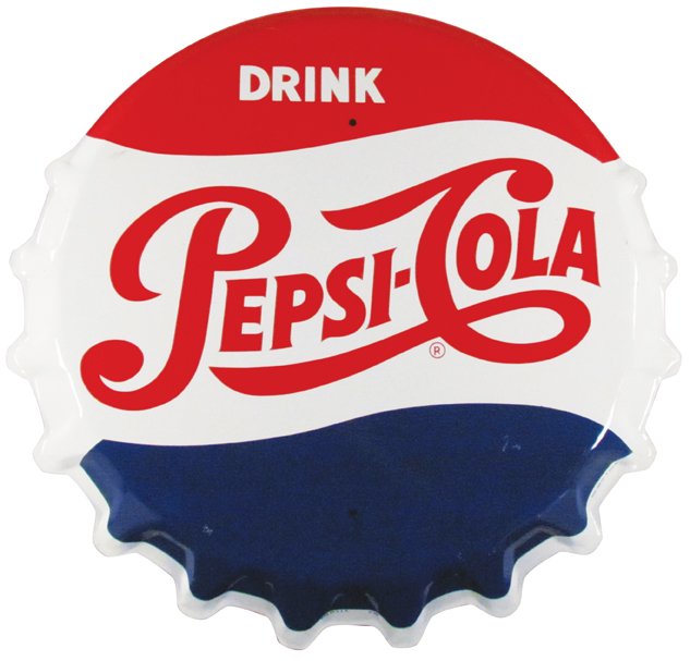 Pepsi-Cola Bottle Cap Tin Sign: Pepsi-Cola Bottle Cap Tin Sign. A few light scratches otherwise very good condition. 31 inch diameter