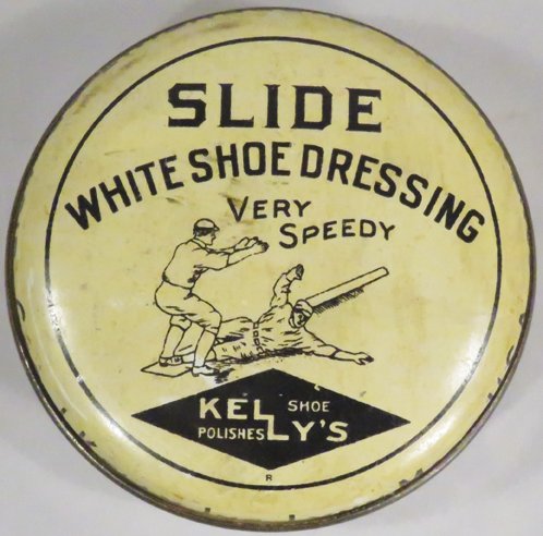 Slide White Shoe Dressing Bixby's Tan Paste Tin: Slide White Shoe Dressing Tin. Geo. J. Kelly Inc. Lynn, Mass. Baseball motif. 2 3/4 inch diameter and a Bixby's Tan Paste Tin. Great graphics. Couple rubs and scratches. 2 inch diameter.