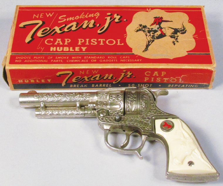 Hubley Texan Jr Smoking Toy Cap Pistol: Hubley Texan Jr Smoking Toy Cap Pistol # 250 in original box. Box had detached flaps, gun excellent condition.