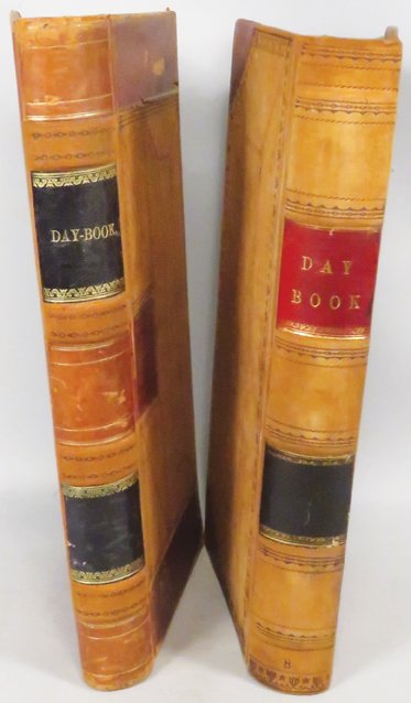 1800's Leather Bound Country Store Ledgers: 1800's Leather Bound Country Store Ledgers. 1870-1871 from Worthington, Mass. E.H. Brewster and 1859-1861 volume. Good original condition. Each measures 7 1/2 X 2 X 16 1/4 inches.