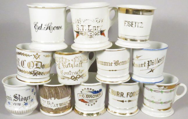 Collection of Twelve Personalized Shaving Mugs: Collection of Twelve Personalized Shaving Mugs. F.C. Brown. C. Burr. Forrest. F. Seitz. A. F. Peterman. Leni Sloger. Stuart Pollars. S.T. Darr. Ed Howe. C. Retzlatt-Contractor. R.C. O'Donald's-Mason.