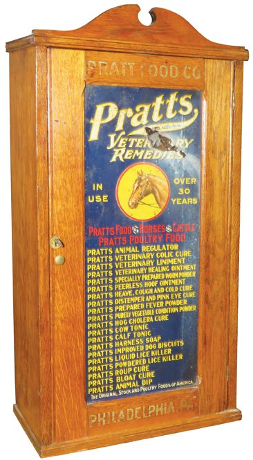 Pratt's Veterinary Remedies Oak Cabinet: Pratt's Veterinary Remedies Oak Cabinet. Pratt Food Co. Philadelphia. Embossed tin litho front with rust and discoloration otherwise good condition. 17 X 33 X 7 1/2 inches.