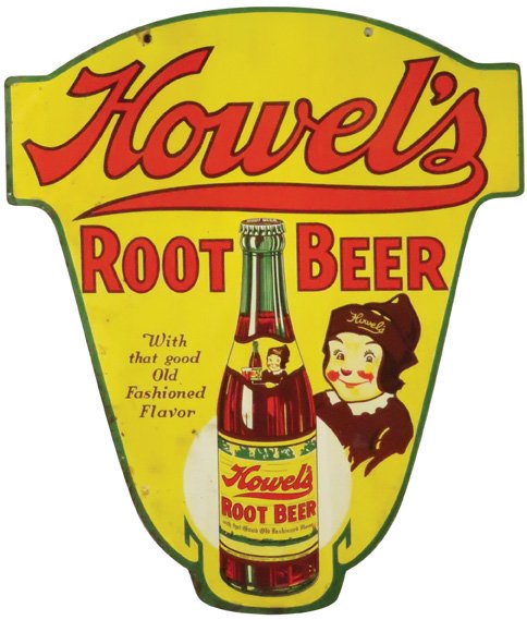Howell's Root Beer Die Cut Tin Sign: Howell's Root Beer Die Cut Tin Sign, two sided. One side shows a little more age otherwise good condition. 12 X 14 inches.
