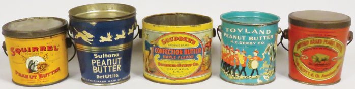 Collection of Country Store Peanut Butter Pails: Collection of Country Store Peanut Butter Pails including Toyland, Squirrel, Scudder's, Sultana and Buffalo. Scudder's missing lid otherwise overall good condition. 1 to 1 1/2# sizes.