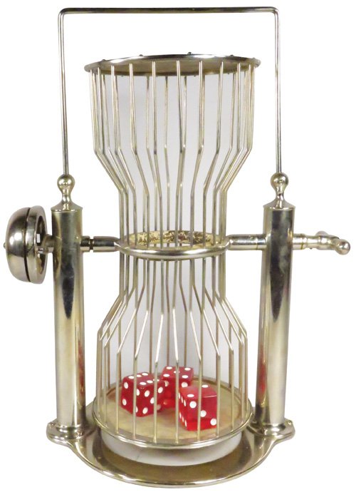 Nickel Plated Brass Chuck-A-Luck: Nickel Plated Brass Chuck-A-Luck. Ebony dice. Wear to nickel otherwise good condition. 19 inches tall.