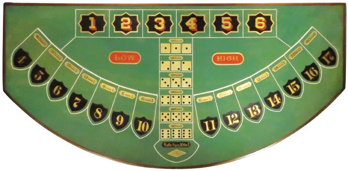 Grand Hazard Chuck-A-Luck Gambling Layout: Grand Hazard Chuck-A-Luck Gambling Layout, felt. L. Rude Mfg. Hoboken, NJ. Some wear at the edge of the felt under 17 otherwise excellent condition. 51 X 24 inches.