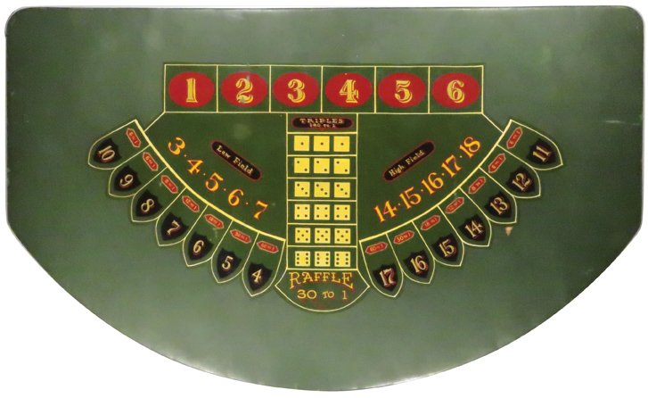 Grand Hazard Chuck-A-Luck Gambling Layout: Grand Hazard Chuck-A-Luck Gambling Layout, oil cloth. Slight damage under 13 otherwise excellent original condition. 42 1/2 X 26 inches.