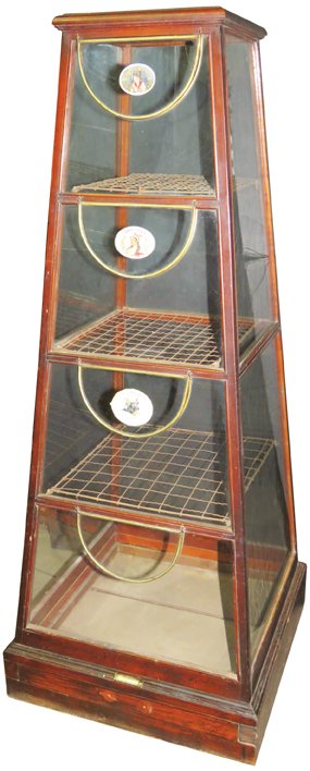 Country Store Sponge Display Case: Country Store Sponge Display Case. Excelsior Showcase Works, Quincy, Ill. Maker. Cigar box labels affixed to doors, not appropriate to case. Very good original condition. 24 X 24 inch base, 60 inches