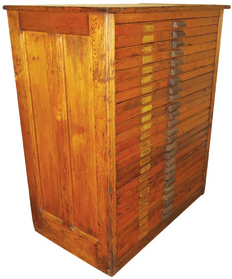 Hamilton Mfg. Co. Printers Cabinet: Hamilton Mfg. Co. Printers Cabinet. Paneled sides with 25 drawers and original hardware. Excellent original condition. 37 X 43 X 22 inches.