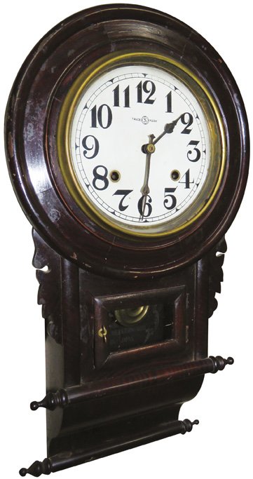 Wall Hanging Clock: Wall Hanging Clock. Made in Japan. Takano Mfg. Co. Nagoya, Japan. Veneer is peeling. 12 X 22 X 4 Inches.
