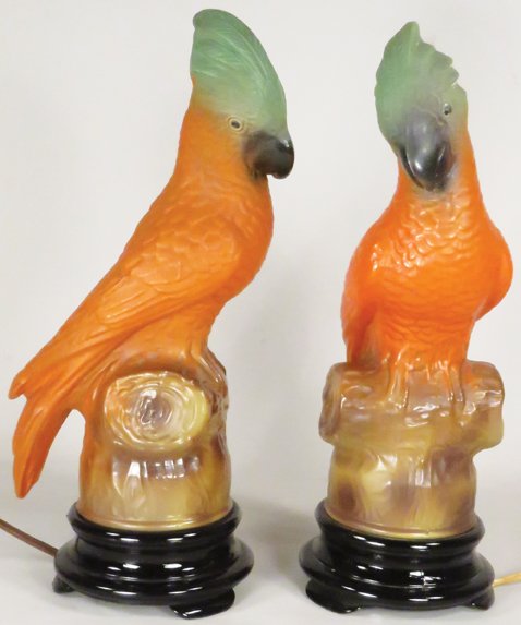 Pair of 1930's Tiffin Glass Parrot Lamps (1 of 2)