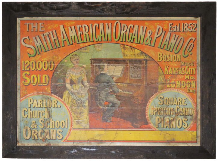 Smith American Organ & Piano Co. Paper Sign: Smith American Organ & Piano Co. Paper Sign mounted on wood. Advertising Parlor and Church Organs. Riddle & Coachman, London. Fair to good condition. 45 X 35 inches overall.